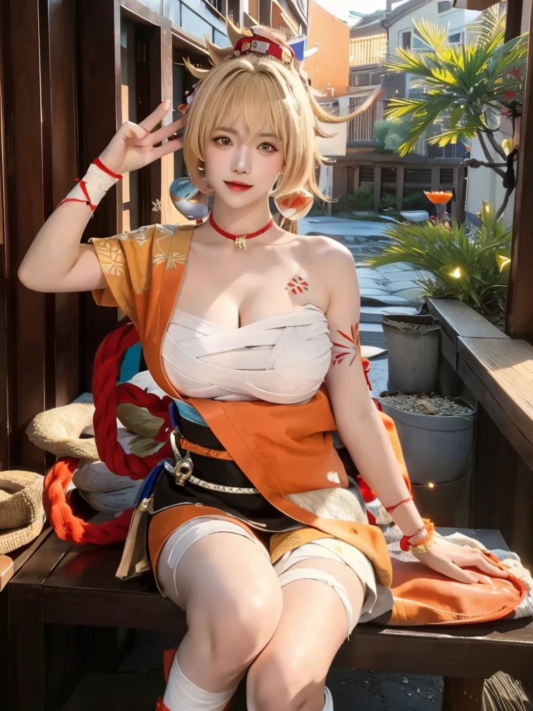 masterpiece, best quality, ultra detailed, beautiful and aesthetic, 1girl, solo, yoimiyadef, yoimiyarnd, genshin impact, blonde hair, yellow eyes, bangs, gigantic breasts, cleavage, looking at viewer, hair ornament, beautiful eyes, orange kimono, bandage, japanese scene