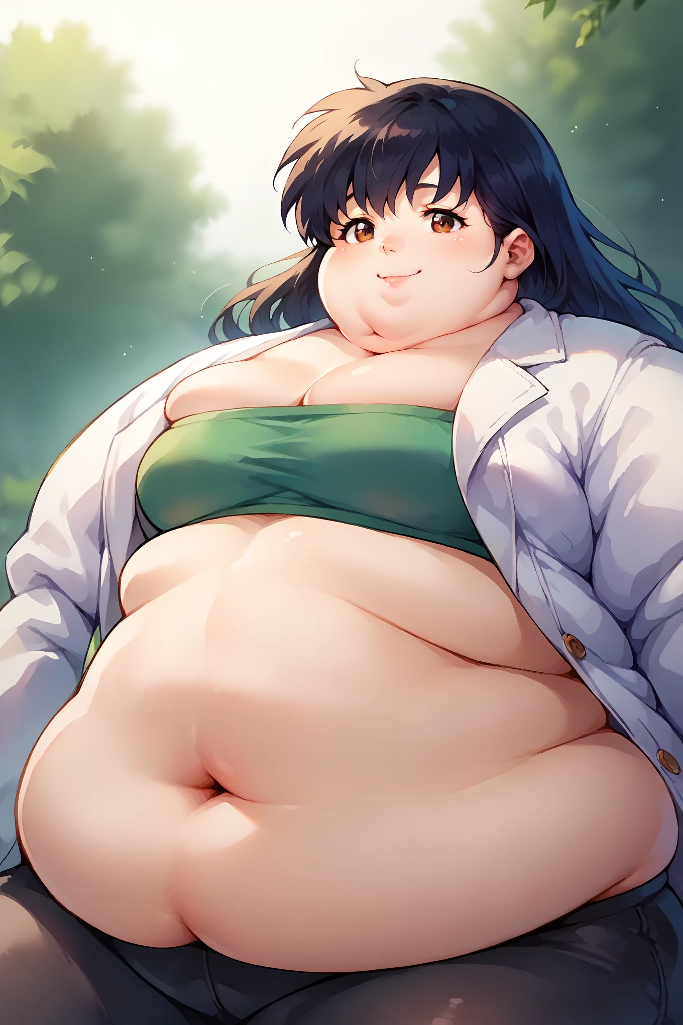 portrait, sharp focus, soft lighting,, , illustration, depth of field, (bloom:0.4), kagomexl, long hair, black hair, brown eyes, bangs, white jacket, green tube top, black bike shorts, smile, fat, chubby, obese