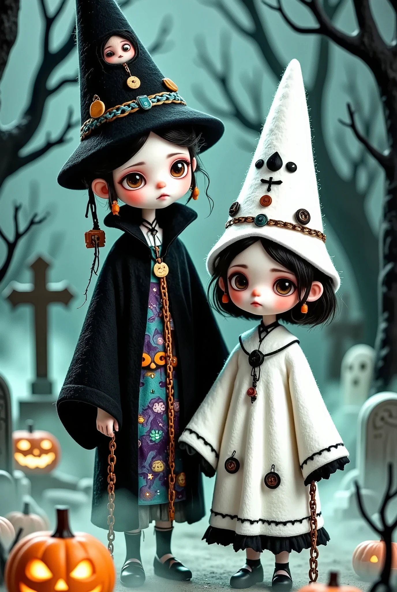  Two standing in front of a graveyard in Halloween costumes, Halloween art style, Witch, Cute digital art, 2 d cg, Lovely detailed digital art, Cute digital painting, Halloween theme, Weird art style, Halloween Celebrations, Witch clothes,  trending on cgstation , Witch童话, Witch Girl,  Antique style art 