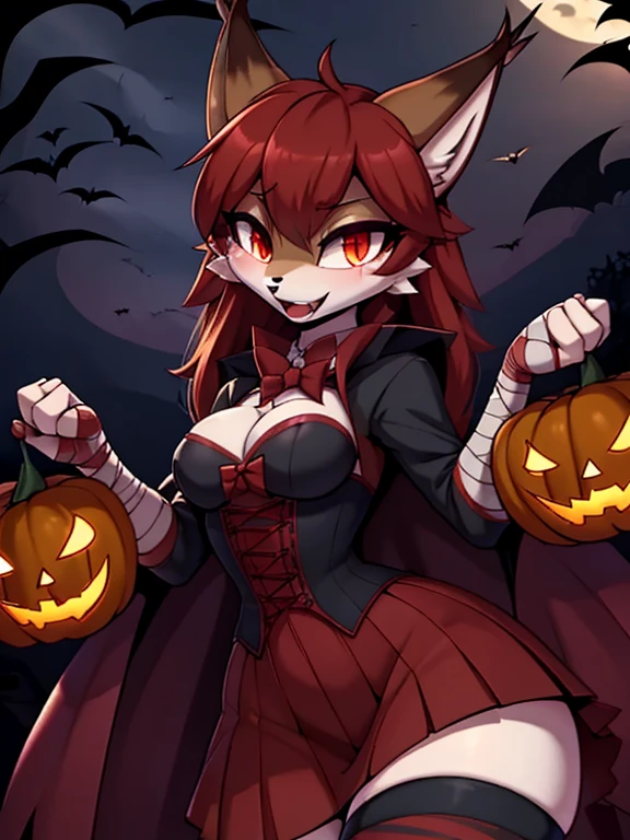  anthropomorphic fluffy lynx girl, ( dressed as a vampire ), halloween, (Night),   red hair ,hands in bandages, в баре в стиле halloween, In anime style, 