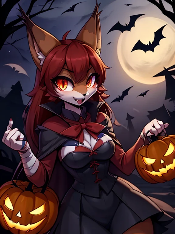  anthropomorphic fluffy lynx girl, ( dressed as a vampire ), halloween, (Night),   red hair ,hands in bandages, в баре в стиле halloween, In anime style, 