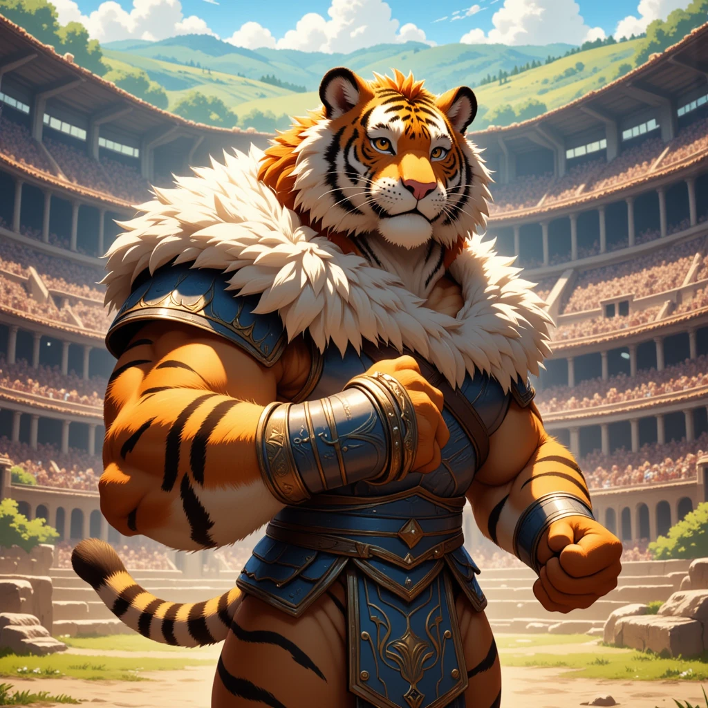 character focus, full body, looking away, various angle, european fantasy, gladiator, a muscular middle-aged tiger man, clothed, heroic costume, gladiator armor, helmet, fighting, dynamic pose, BREAK complete anatomy, perfect proportions, beautiful thigh gap, fluffy body, intricate fur details, beautiful fur texture, BREAK (a detailed tiger 1tail), detailed boots, detailed foot, detailed hands, 5fingers, 5fingers nails, BREAK aesthetic anime face, insanity detailed face, male face, big face, square jawline, aesthetic anime eyes, detailed brown eyes, detailed brown cornea, detailed dark brown irises, detailed pupils, male eyes, big eyes, male eyebrows, innocent look, beautiful beard, BREAK full body in Michelangelo Buonarroti style, digital illustration anime, housamo style, detailed painting landscape, morning, colosseum, outdoor, full color, HDR, BREAK masterpiece, official art, best quality, very aesthetic, absurdres, super fine illustration, great quality, BREAK noise reduction, very highres, large filesize, high quality, 32K, 8k wallpaper, dynamic lighting, BREAK insanity detailed, ultra detailed, intricate details, extremely detailed, detailed texture, an extremely delicate and beautiful, BREAK osukemo, e621 illustration, kemohomo, anthropomorphic, furry, cartoon, harmonious body, pastoral face, virtuous eyes, epic atmosphere