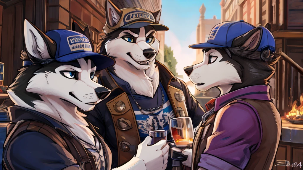 （Furry、Sitting with dog friend）german shepherd、beige fur、Fluffy tail、seems kind、Dark Tavern、Neon Light、Whiskey Rock、counter、Being drunk