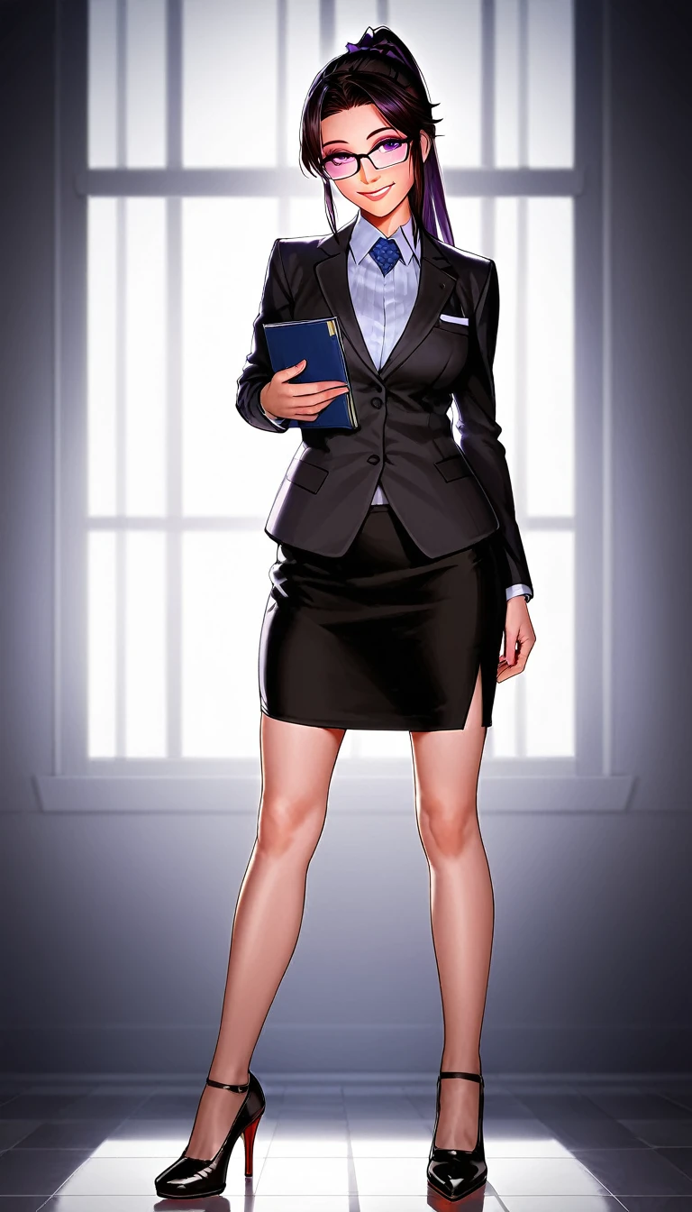 (masterpiece,  Best quality:1.2), cowboy shot,One, 1girl,mlpttwilight ,smile, looks at the viewer ,ponytail,glasses,business suit, blazer,  pencil skirt ,  high heel shoes,  dynamic lighting,