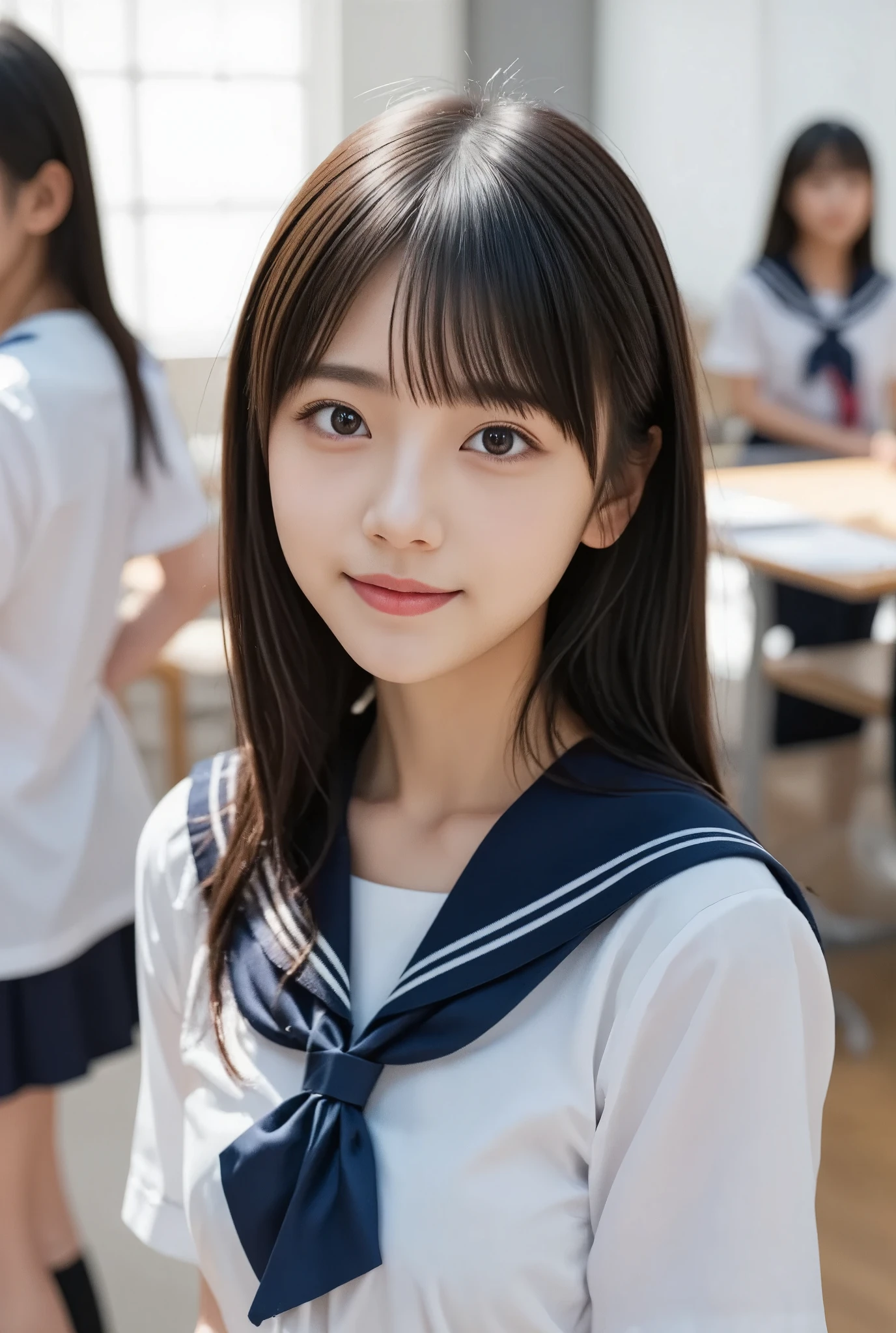 (8k、Original photo、top-quality、masterpiece:1.2)、(Realistic、 Realistic :1.37)、   ultra detail with flowers on hair 、 super high definition、 1 girl、 high school girl, young、( beautiful girls , baby face,  super cute idol-like face :1.2), (She is in a school classroom、I'm standing and presenting during class :1.4)、 short hair、 Black Hair 、With bangs, Japanese High School Uniform、((Sailor suit,  I'm wearing a dark blue pleated skirt))、 