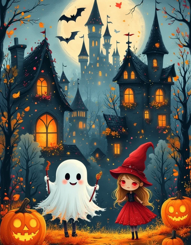 A joyful little town, strange houses, streets decorated with colorful lanterns and balloons, 1boy and 1girl dressed in magical outfits, holding wands, playing games with adorable ghosts, Such as "trick or treat" and "ghost bowling." At the center is a huge pumpkin, a fantastical atmosphere, dreamy emotions，((( two-dimensional flat cartoon ， hand-painted graffiti ，Minimalism，Line Drawing，Stroke，Smooth lines， with clear strokes ， The shape is cute and simple，High color saturation ))),