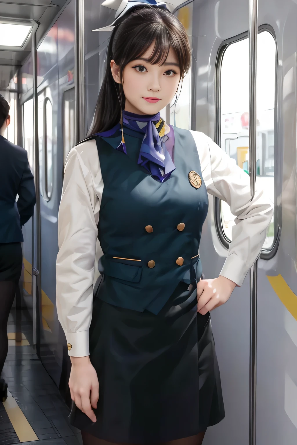 (masterpiece:1.2, Best Quality:1.2), 32K HDR,  Kampala, (Alone、 1 girl)、（on board、 Professional Lighting）、In-flight background、（Nankai Train crew uniformを着たリアルスタイル）、（（ Nankai Train Crew Uniform Collarless Blouse Long Sleeve 、  Black Curled Culottes Skirt 、Scarf around the neck））、Dark brown hair、（ long hair、Hair tied up、Hair tied up）、Dark brown hair、 LONG SHOT 、Big Breasts、Thin legs、（（Great hands：2.0）），（（ Harmonious Body Proportions：1.5）），（（Normal limbs：2.0）），（（Normal finger：2.0）），（（Delicate eyes：2.0）），（（Normal eyes：2.0））)、smile、（Nankai Train crew uniformを見せた美しい姿）、Hands clasped underneath
