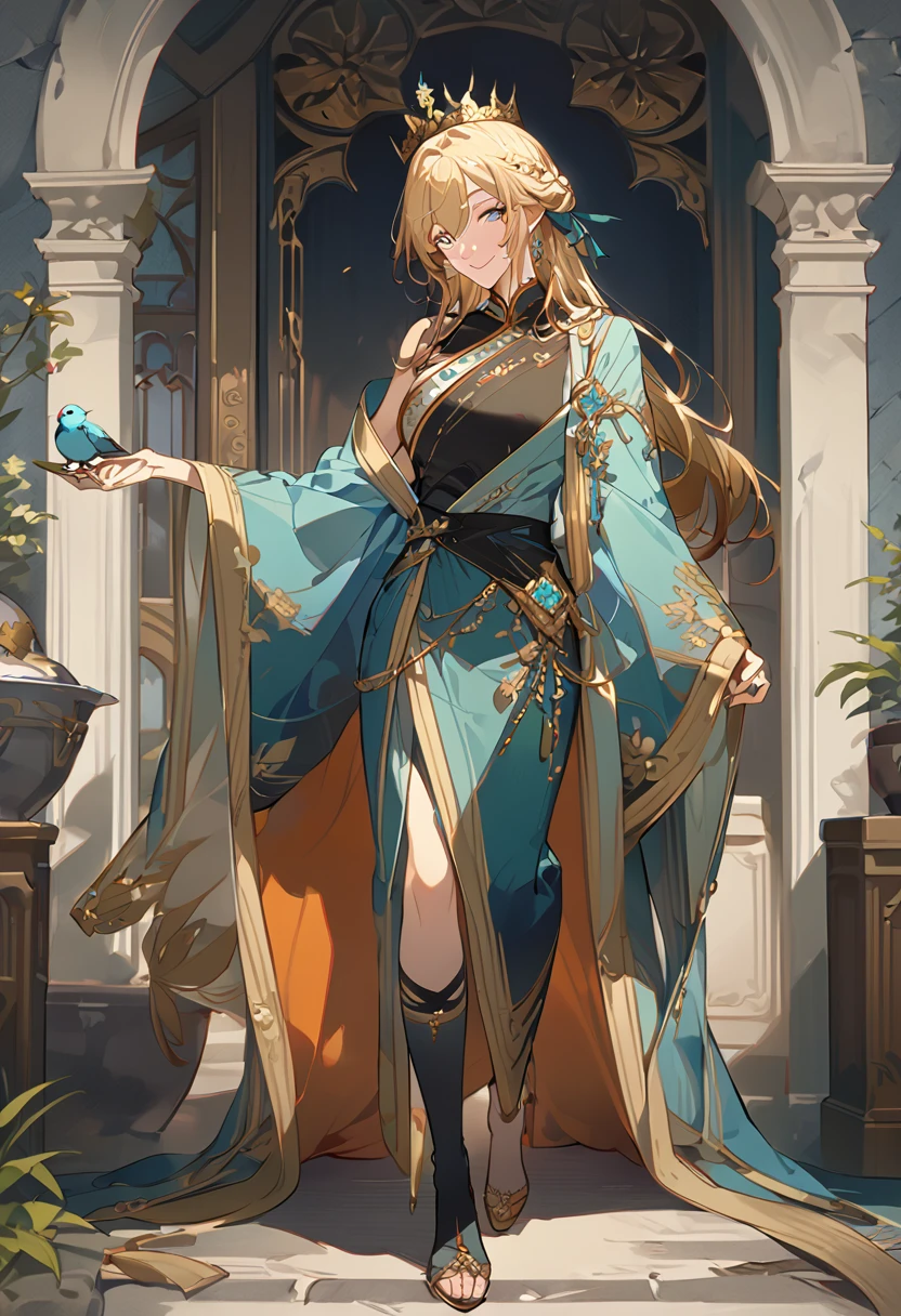 masterpiece, best quality, 8k ,4k , 1male, elf King, Golden Blond, Blue greenish eyes, gold wreath crown, hair ornament, long hair, finely detailed eyes and detailed face, looking at viewer, black sleeveless, half robe, patterned clothes, gold embroidery clothes, meticulous clothes, mature clothe, majestic looks, smiling gently, small bird, full body, inspired by Asukaziye artist : ask, art style : ask