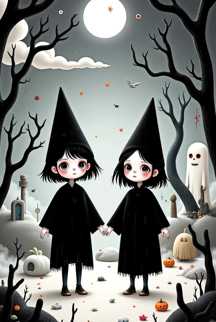 Halloween themed illustrations：2 people，Cute expression，Body movements，Chinese horror，Black and white clothes
