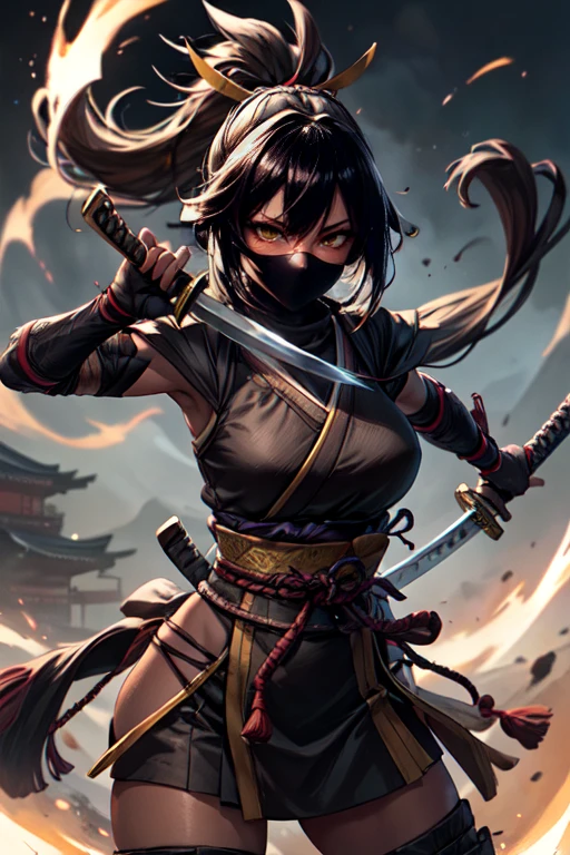 One girl, samurai,Japanese sword,anime,Anatomically correct, A series of character actions, ninja,ponytail, masterpiece, Textured skin, Action Painting, Heavy makeup, Brown Skin,Perfect Face,Perfect Eyes,Hairbands,Overpowering the enemy,Glowing Sword,Powerful Blow,