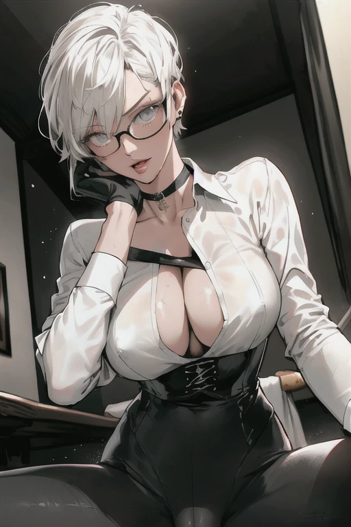 (masterpiece:1.2, best quality), (1lady, solo:1.2), Hair: buzz cut, glasses, choker:1.6, (long sleeve white collar buttoned shirt), black gloves, gloves covering hands,  (black leather corset), (shiny black leggings) (from front:1.2), looking at viewer, ((riding on my dick)), ((cowgirl position)), bedroom