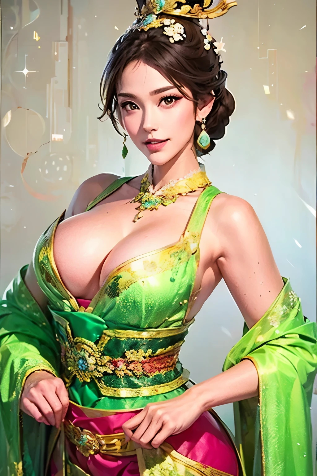  beautiful woman holding hands , Three Kingdoms costume ,  dynamic pose, A seductive expression, sexy body, neutral color costume , High definition