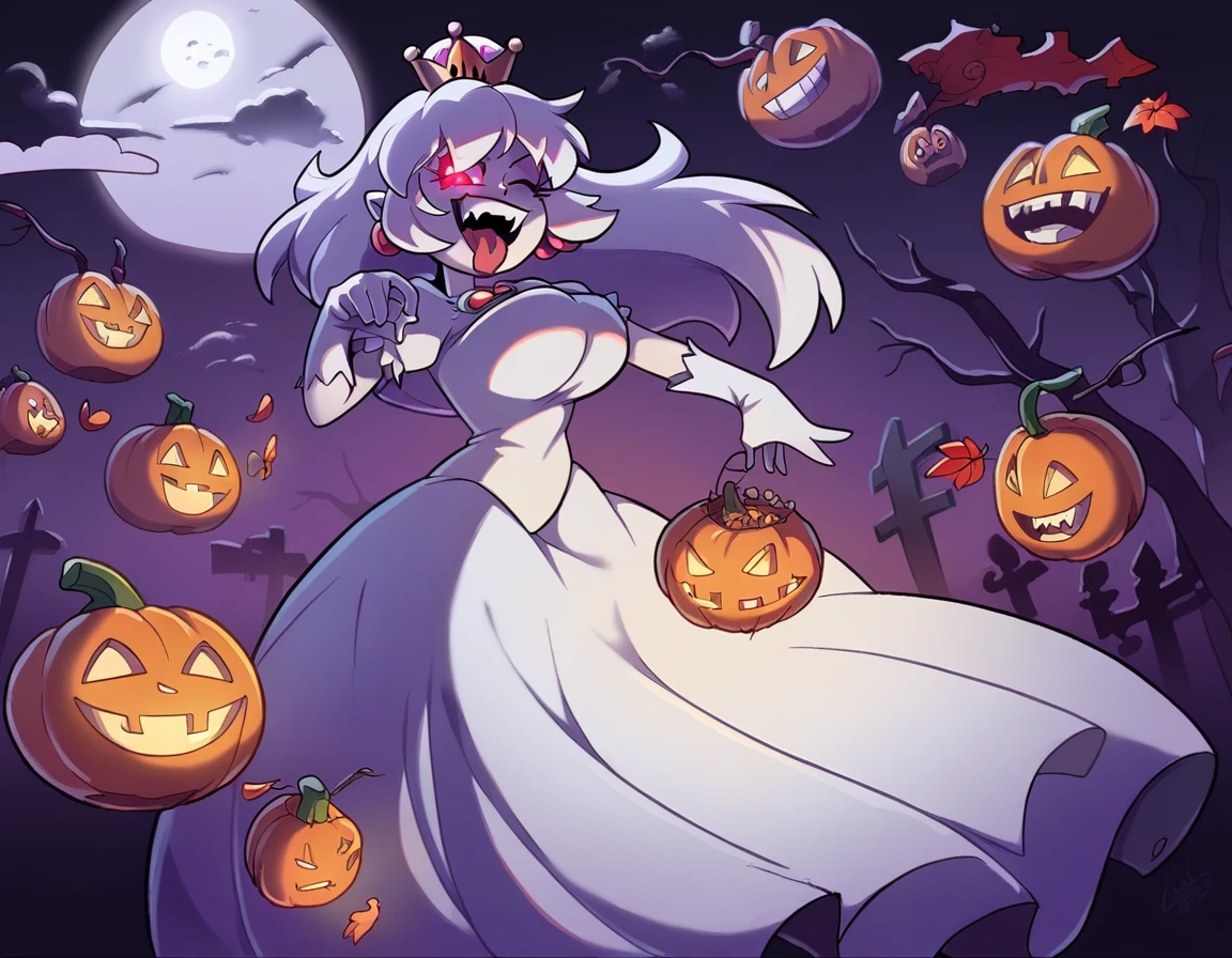 Boosette_Mario, 1girl, long hair, white hair, long white dress, ballroom dress, white gloves, huge breast, floating, drop wrist pose, wink, smile, tongue out, Halloween night, spooky atmosphere, jack-o’-lanterns glowing, haunted house, full moon, foggy graveyard, trick-or-treaters in costumes, black cats, eerie shadows, cobwebs, carved pumpkins, spooky decorations, candlelit windows, autumn leaves, dark forest, glowing eyes, gothic architecture, creepy vibe