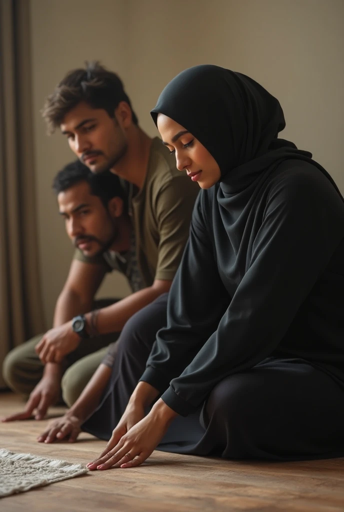 Black headscarf at home, white long sleeve t shirt, grey sweatpants, white socks, sexy woman without shoes. Men touching women. 
