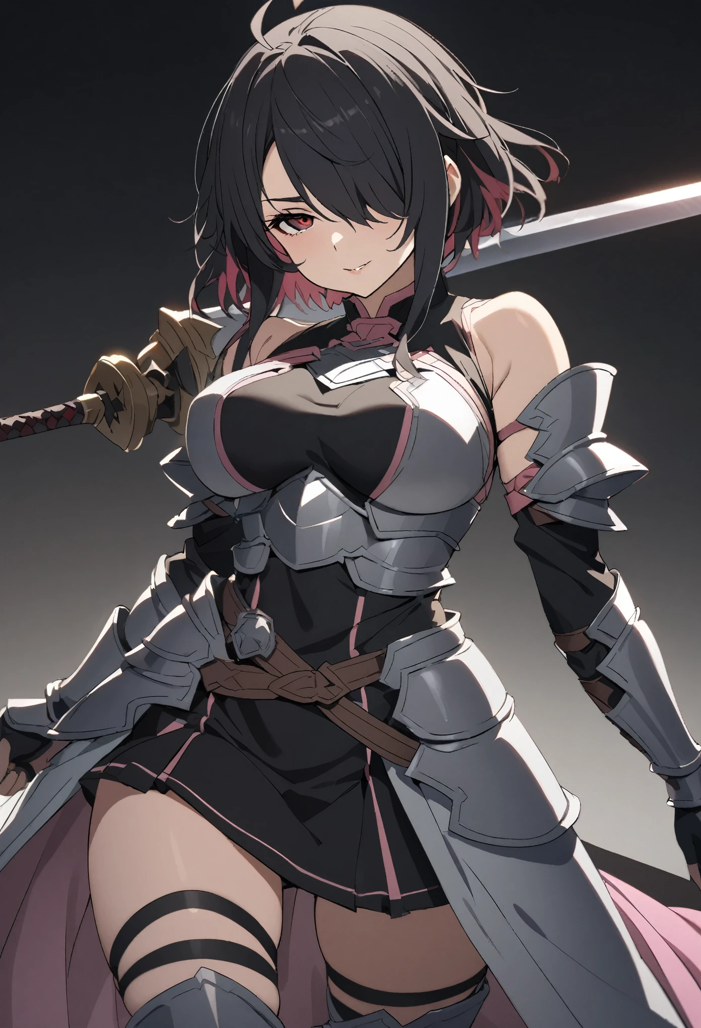 (high-quality, breathtaking),(expressive eyes, perfect face) 1girl, female, solo, mature, half open eyes, Alicization, Symmetrical Eyes, simple background, seductive smile, fantasy outfit, SAO inspired, maomao, armor, sword art online outfit, cowboy shot, medium full shot, black hair color, bangs, alluring red eyes, large breasts, knight attire, Bicep-high Gauntlets, Armored Boots, Thigh-high Heeled Boots, Armored Gauntlets, Adventurer gear, Skirt, black white and pink color palette, black clothes, light pink accents on clothes, hair between eyes, short black hair, half open eyes, hair over one eye, small Ahoge, bright red eye color, short hair, (NO braids in hair)