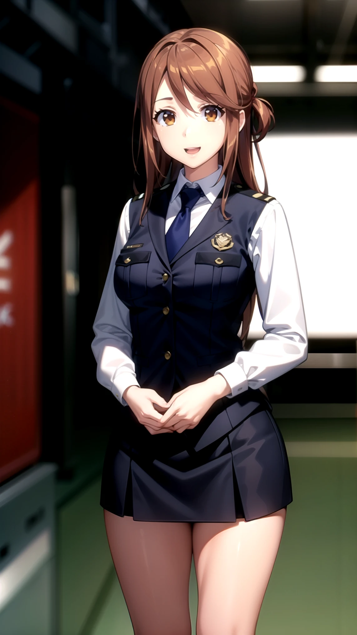 (masterpiece) ( best quality ) ( Details) (8k) ( Kampala) (wallpaper) (Cinema Lighting) (Sharp focus),(RAW Photos), RW Feast , opens her mouth, smile, Brown Eyes , Brown Hair, Long Hair, police uniform , vest, collared shirt, skirt, Blue tie, standing, viewers are watching, 1 girl、Alone、ミニskirt、Thighs