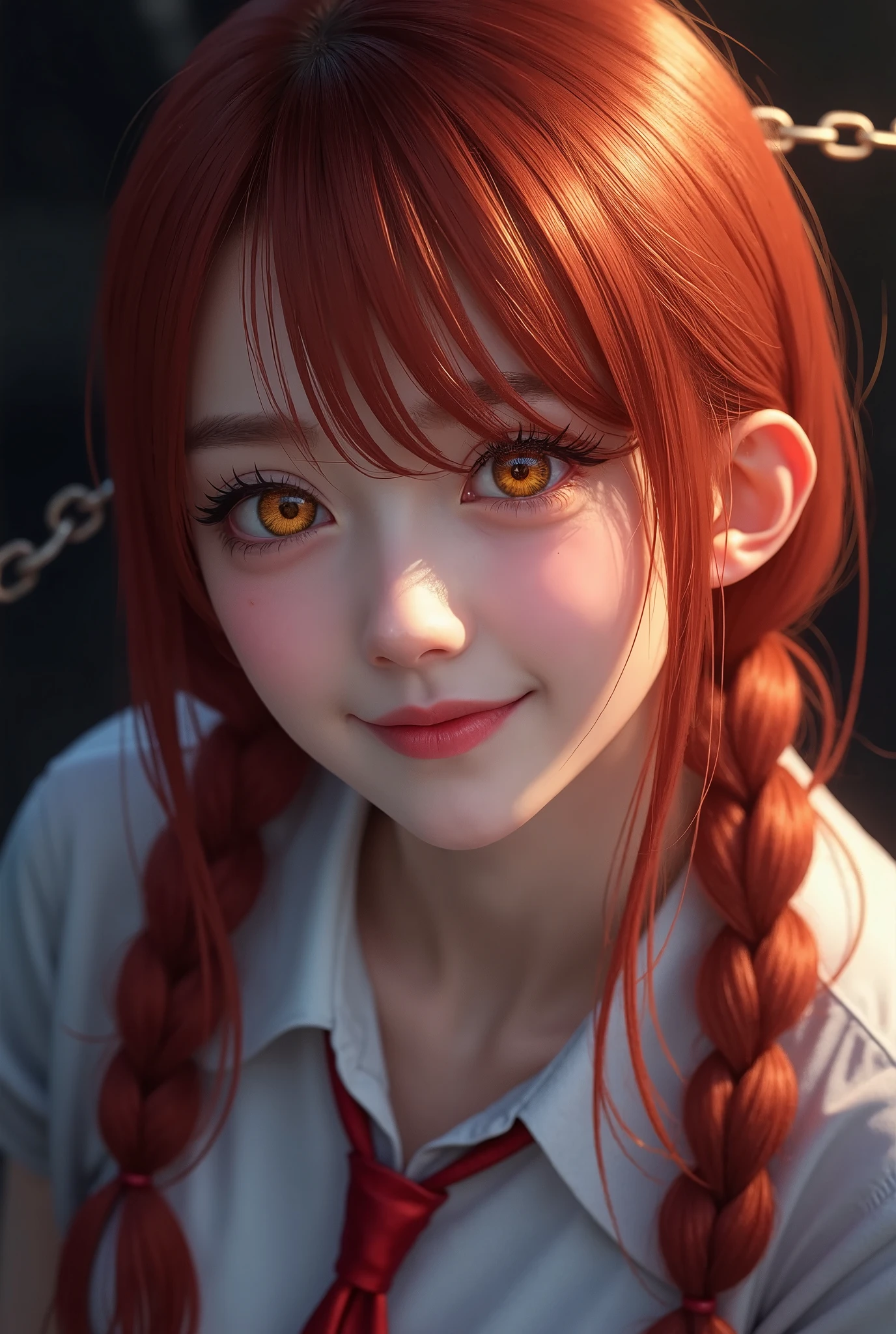 best quality, Ultra Detailed, 1 Girl, Solitary, permanent, Red hair, Long Braid Hair, Golden Eyes, Bangs, Medium breasts, White shirt, tie, look, Smile, (bad: 1.2), looking at the viewer, (interview: 1.3), (Dark background, chain: 1.3), from above, In sharp contrast, Beautiful and delicate eyes, Key Points, close up