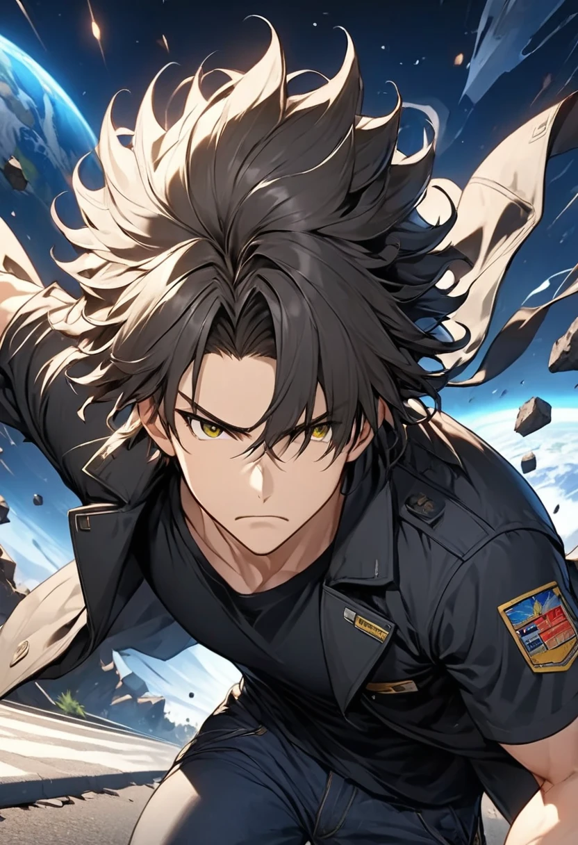 Code Name"Gravity",  25-year-old handsome Japanese man ･Come to perch, clothing： wearing a black long coat in black t-shirt and black denim , Hairstyle：black wild medium hair,  steep and serious expression ,  wearing black waves all over his body , Battle expression ： with one arm hanging forward , Operation Alone, background： Earth causing gravity collapse and debris is distorted in the air, 6-lane paved road at night 