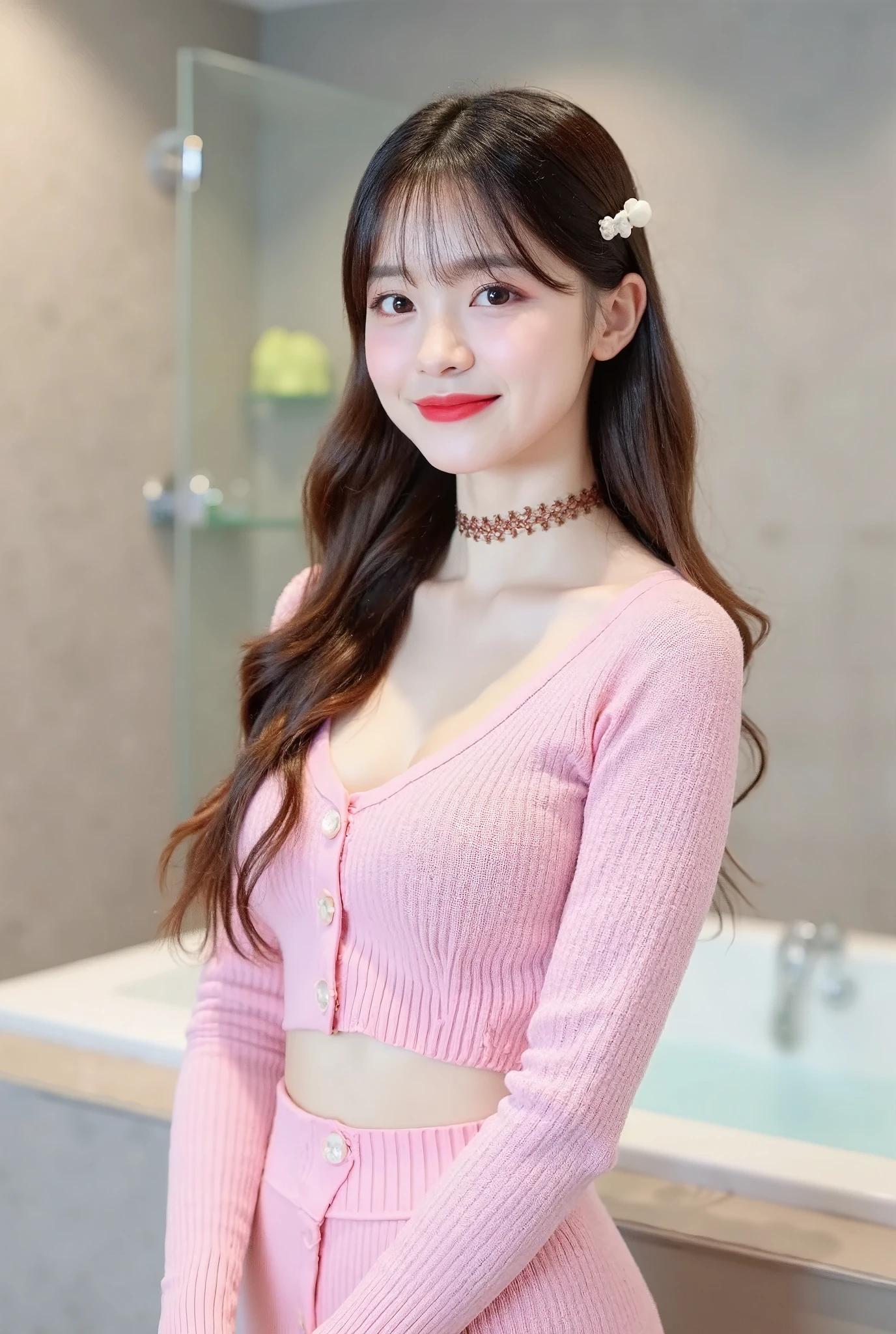 best qualtiy, Ultra High Resolution , (realisticlying:1.4),cute hairpin,Baoyu Girl,1girll, Beautiful woman with a slim figure:1.4, abs:1.1, (A brown-haired, mideum breasts:1.3), Long pink sweater:1.1, bathroom,Ultra-fine face,Elaborate Eyes,double eyelid,ssmile,choker necklace