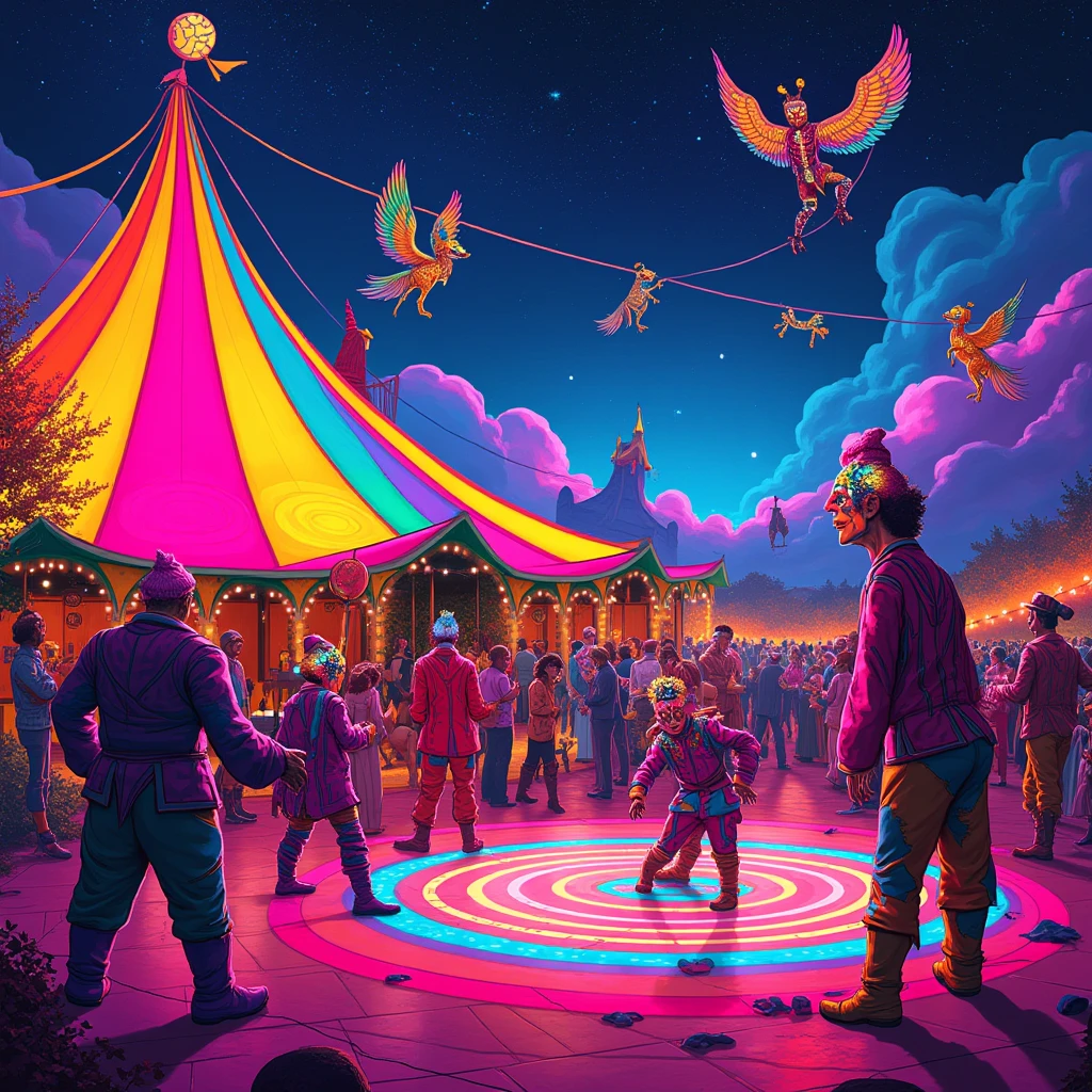 (Masterpiece), (ultra-detailed, 8k quality), (top quality), (best composition), (high resolution), a psychedelic circus under a glowing neon sky, vibrant rainbow-colored tent, swirling lights and patterns on the ground, performers astical outfits with bold colors and exaggerated shapes, clowns with kaleidoscopic faces, acrobats flying through shimmering rings of light, surreal animals with glowing patterns, everything floating in a dreamlike haze, ultra-vivid colors, glowing outlines, psychedelic and surrealistic mood, inspired by 1960s pop art