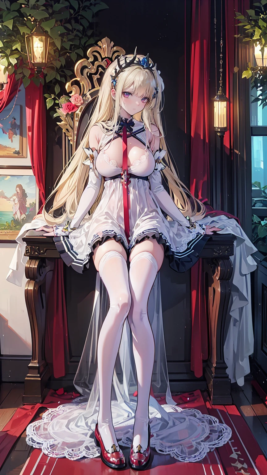 whole body, Long blonde hair, (Red rose flower illustration:1.5), Red sheer see-through dress,(((nsfw)))(((naked)))　Red High Heels　She lifts up her transparent skirt to reveal her crotch(((5 )))infant　She opens her blouse to reveal her breasts　tall　Lift one leg up　(((Urinating)))Leg spread　pussy,spread legs,girl,naked,(((open pussy)))((Red rose garden background))blue sky