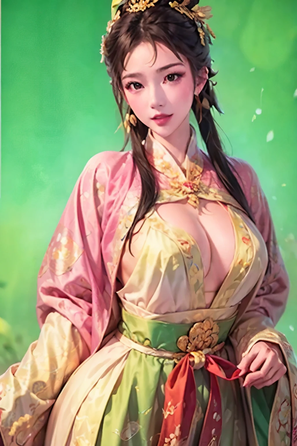  beautiful woman holding hands , Three Kingdoms costume ,  dynamic pose, A seductive expression, sexy body, neutral color costume , High definition