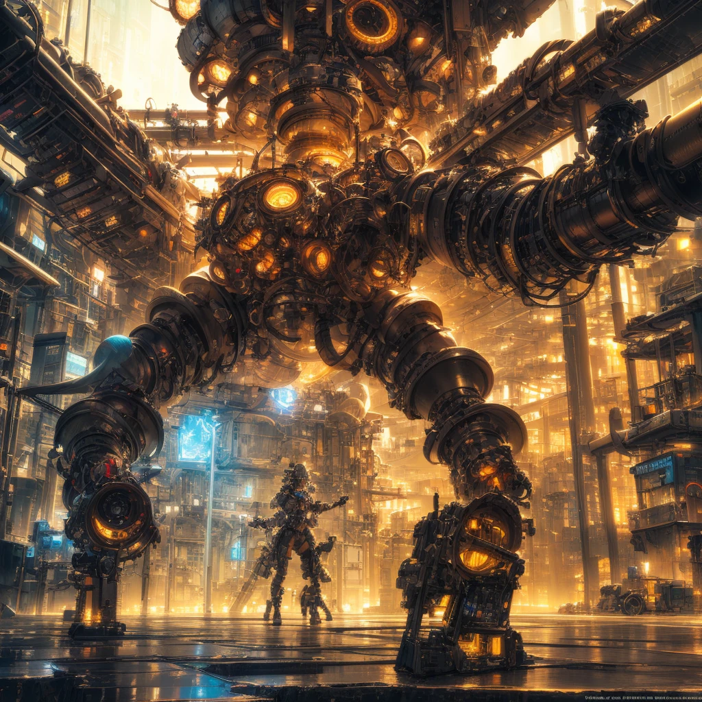 A bio-white luminescent armor with a fractal structure, its sinuous forms seem to reflect the grace of fractal flow. Detailed backgrounds of intricate machinery, factories, machines with shiny metal surfaces, dynamic action poses, cinematic camera angles, ultra-realistic 8K rendering, muted color palettes, a gritty sci-fi feel, award-winning A digital art,