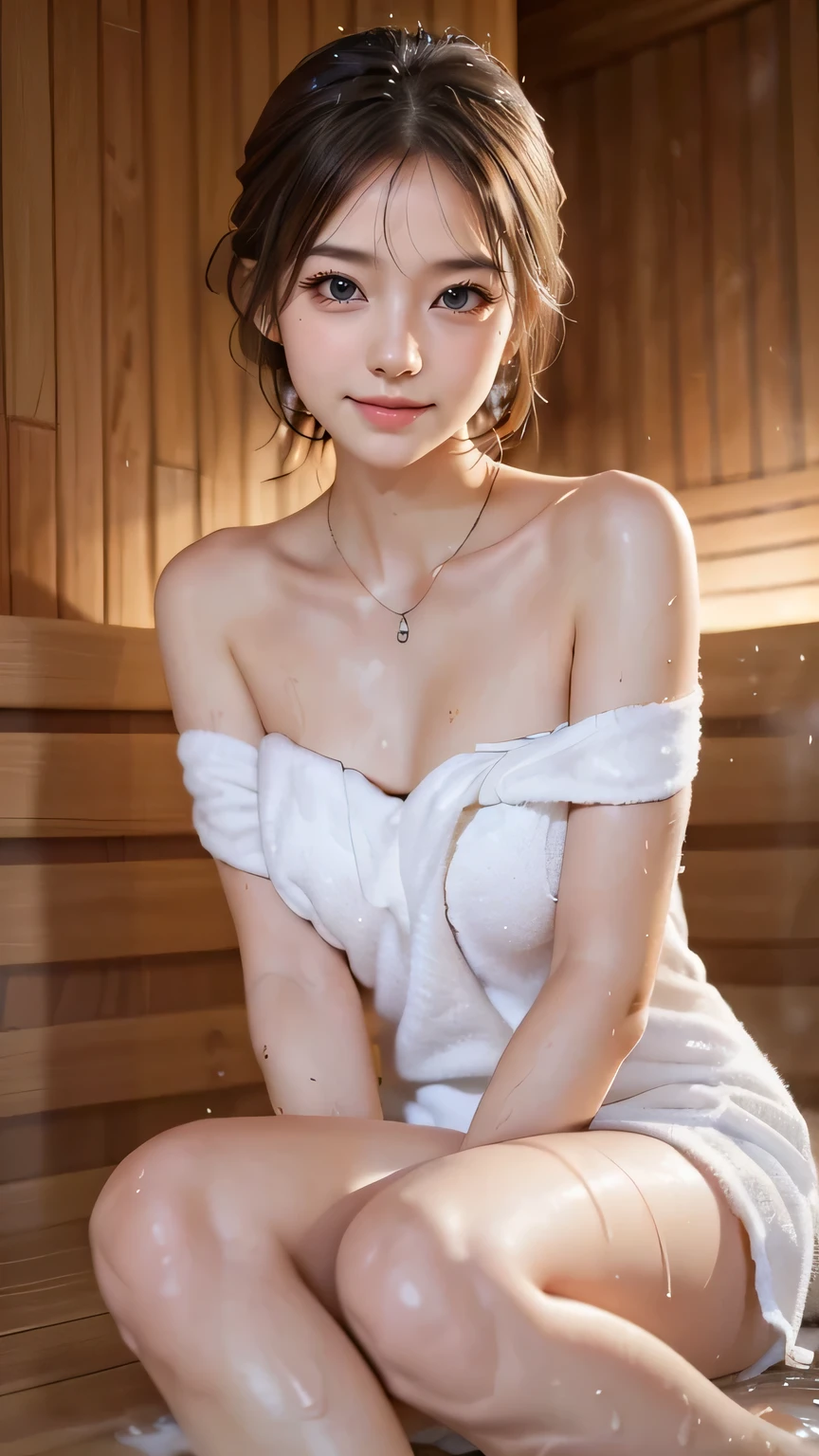 ((( best quality ))), ((masterpiece)), ( Details),((((outdoor hot spring background)))), (((((( busタオルを着ている女の子)))))), ,(((Slender body, clevis, Camel Toe ))), ((Glowing Skin, white skin,Glowing Skin)), Mysterious Light, (((( angle capturing face and whole body )))), (((Well-formed face))), ((Big Eyes)), ((((((Droopy eyes)))))), ((((Close your eyes)))), (( at random angles )), ((((Accurate anatomy)))), (Delicate thighs), perfect makeup, eyeshadow, earrings,necklace,Open your knees, spread your legs,Off the shoulder,(Both shoulders are exposed:1.3), Soaking wet,water滴が体にいっぱいついている,water分, Sit, water, blush, Open your lips, smile, clavicle, Upper limbs, bus, Outside the house, Boulders, Partial sinking , wet hair,(Wetware:1.4), Exposed bare shoulders,barefoot,(Wet Rain, wet body:1.2),inside_ sauna,wearing towel,large breasts,nude,