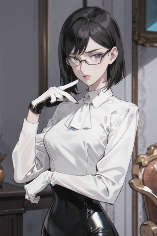 (masterpiece:1.2, best quality), (1lady, solo:1.2), Hair: buzz cut, glasses, choker:1.6, (long sleeve white collar buttoned shirt), black gloves, gloves covering hands,  (black leather corset), (shiny black leggings) (from front:1.2), looking at viewer, standing, bedroom