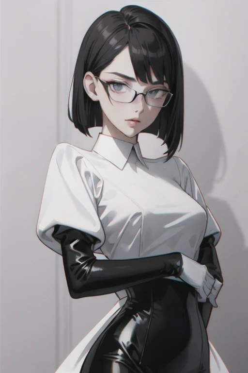 (masterpiece:1.2, best quality), (1lady, solo:1.2), Hair: buzz cut, glasses, choker:1.6, (long sleeve white collar buttoned shirt), black gloves, gloves covering hands,  (black leather corset), (shiny black leggings) (from front:1.2), looking at viewer, standing, bedroom