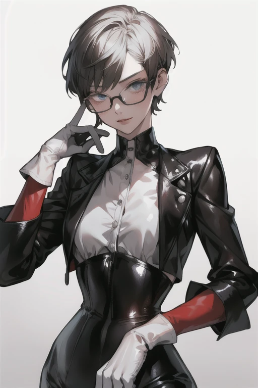 (masterpiece:1.2, best quality), (1lady, solo:1.2), Hair: buzz cut, glasses, choker:1.6, (long sleeve white collar buttoned shirt), black gloves, gloves covering hands,  (black leather corset), (shiny black leggings) (from front:1.2), looking at viewer, standing, bedroom