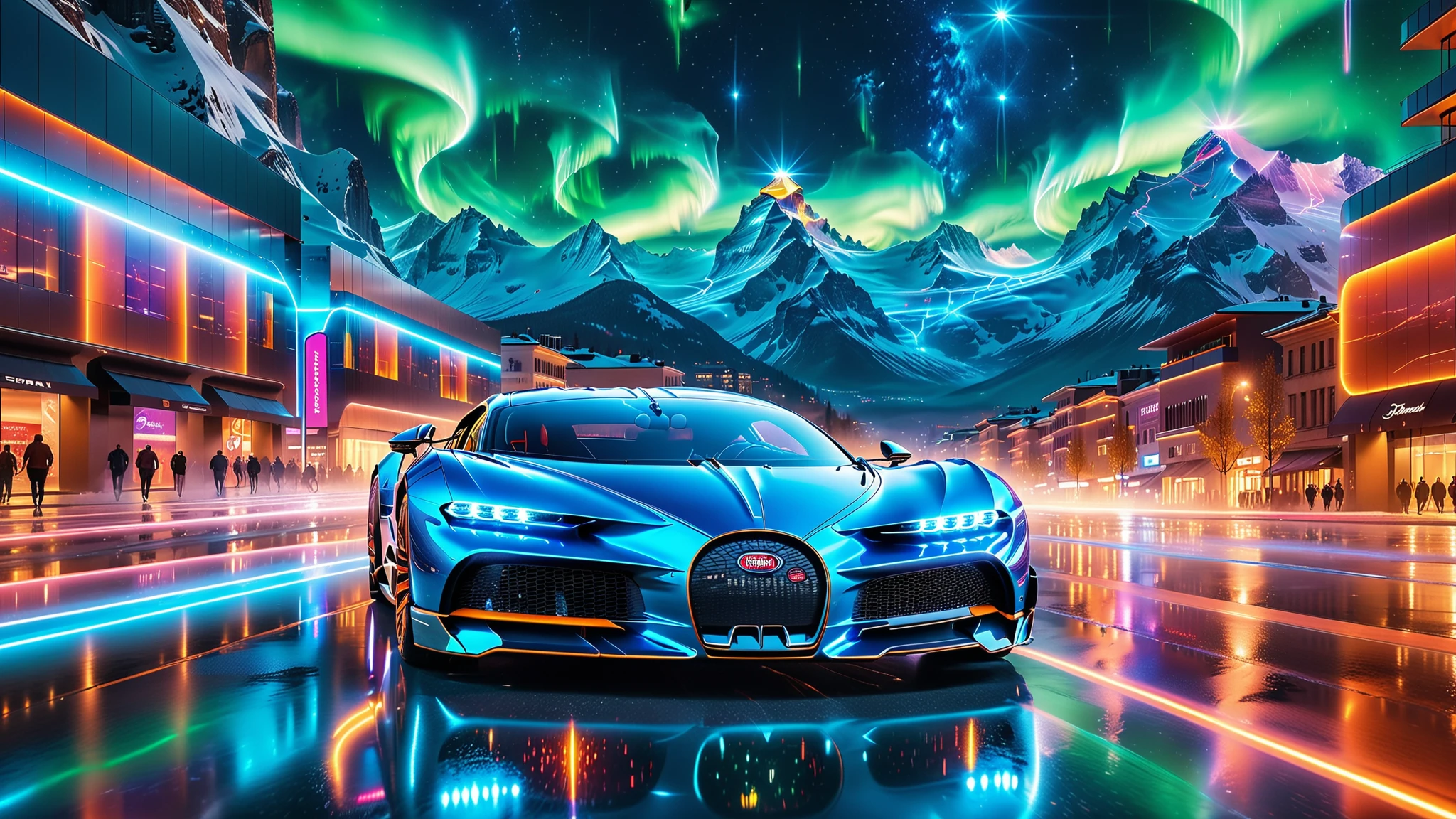 A Masterpiece In 32K Resolution, Supreme Quality, Super Detail, Official Art, Very High-Resolution 32K Wallpaper. Gleaming And Technological, Ultra-Detailed Features. Above, The Sky Is Alive With Glowing Auroras And Vibrant Light Trails. Majestic Mountains Rise Above The City, Creating A Striking Contrast Against The Technological Marvels Below, Embodying The Essence Of This Futuristic World. A Supercars The Bugatti Chiron Super Sport 300+ Blazes Through The City Streets, Its Polished Carbon Fiber Body Gleaming Under The Neon Lights, Speed Effortlessly Through The Floating Roads, Leaving Bright, Fluorescent Light Trails In Their Wake. Their Sleek, Futuristic Designs Reflect The Neon Glows, Their Aerodynamic Bodies Blending With The Utopian City As They Race Across The Skyline.