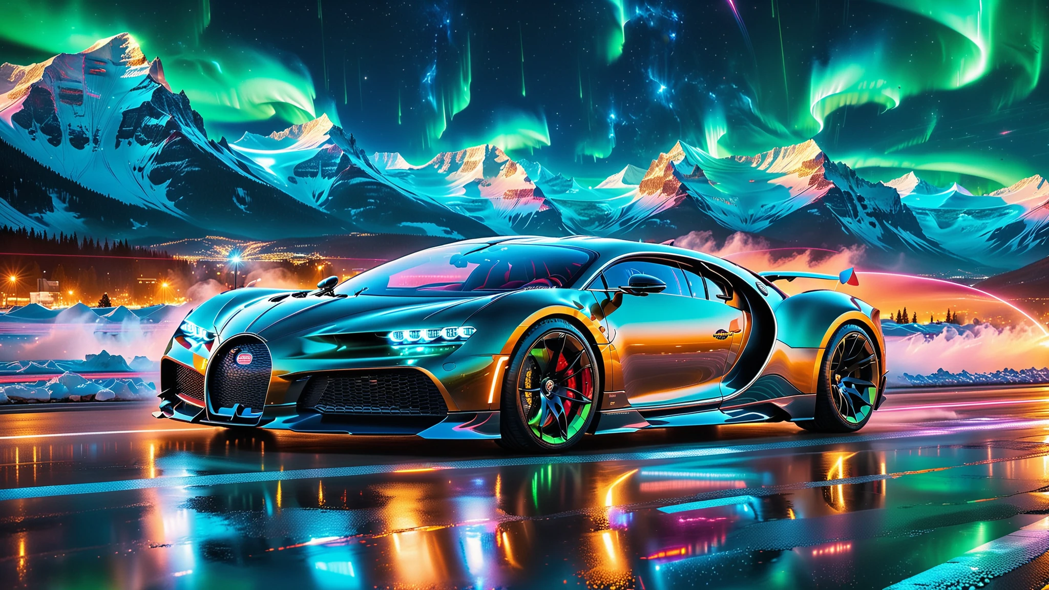 A Masterpiece In 32K Resolution, Supreme Quality, Super Detail, Official Art, Very High-Resolution 32K Wallpaper. Gleaming And Technological, Ultra-Detailed Features. Above, The Sky Is Alive With Glowing Auroras And Vibrant Light Trails. Majestic Mountains Rise Above The City, Creating A Striking Contrast Against The Technological Marvels Below, Embodying The Essence Of This Futuristic World. A Supercars The Bugatti Chiron Super Sport 300+ Blazes Through The City Streets, Its Polished Carbon Fiber Body Gleaming Under The Neon Lights, Speed Effortlessly Through The Floating Roads, Leaving Bright, Fluorescent Light Trails In Their Wake. Their Sleek, Futuristic Designs Reflect The Neon Glows, Their Aerodynamic Bodies Blending With The Utopian City As They Race Across The Skyline.