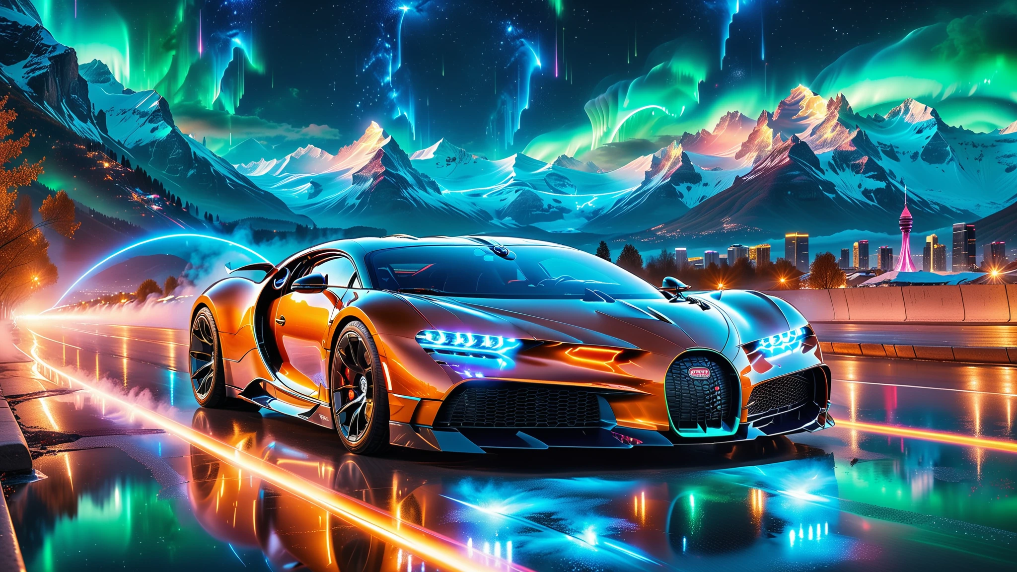 A Masterpiece In 32K Resolution, Supreme Quality, Super Detail, Official Art, Very High-Resolution 32K Wallpaper. Gleaming And Technological, Ultra-Detailed Features. Above, The Sky Is Alive With Glowing Auroras And Vibrant Light Trails. Majestic Mountains Rise Above The City, Creating A Striking Contrast Against The Technological Marvels Below, Embodying The Essence Of This Futuristic World. A Supercars The Bugatti Chiron Super Sport 300+ Blazes Through The City Streets, Its Polished Carbon Fiber Body Gleaming Under The Neon Lights, Speed Effortlessly Through The Floating Roads, Leaving Bright, Fluorescent Light Trails In Their Wake. Their Sleek, Futuristic Designs Reflect The Neon Glows, Their Aerodynamic Bodies Blending With The Utopian City As They Race Across The Skyline.