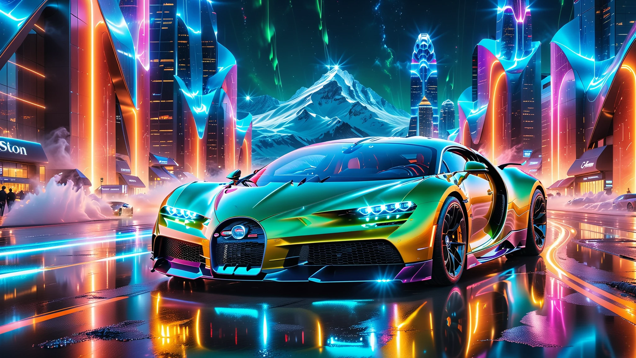 A Masterpiece In 32K Resolution, Supreme Quality, Super Detail, Official Art, Very High-Resolution 32K Wallpaper. Gleaming And Technological, Ultra-Detailed Features. Above, The Sky Is Alive With Glowing Auroras And Vibrant Light Trails. Majestic Mountains Rise Above The City, Creating A Striking Contrast Against The Technological Marvels Below, Embodying The Essence Of This Futuristic World. A Supercars The Bugatti Chiron Super Sport 300+ Blazes Through The City Streets, Its Polished Carbon Fiber Body Gleaming Under The Neon Lights, Speed Effortlessly Through The Floating Roads, Leaving Bright, Fluorescent Light Trails In Their Wake. Their Sleek, Futuristic Designs Reflect The Neon Glows, Their Aerodynamic Bodies Blending With The Utopian City As They Race Across The Skyline.