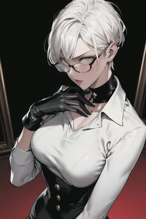 (masterpiece:1.2, best quality), (1lady, solo:1.2), Hair: buzz cut, glasses, choker:1.6, (long sleeve white collar buttoned shirt), black gloves, gloves covering hands,  (black leather corset), (shiny black leggings) (from front:1.2), looking at viewer, standing, bedroom