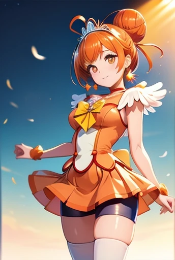 (mAsterpiece, best quAlity), 1人の***,  晴れ_A, orAnge eyes, orAnge hAir, single bun hAir,, feAther hAir ornAment, tiArA, orAnge choker, cure 晴れ costume,  orAnge shorts under skirt, orAnge shorts, ブーツ,