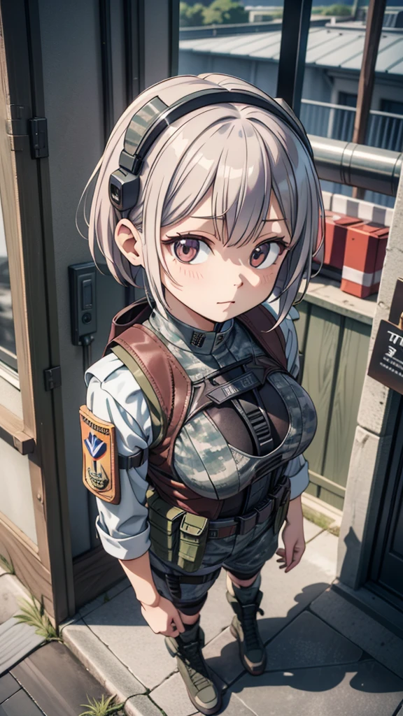 (masterpiece, ultra-detailed, best quality, clear focus, dramatic scene, cinematic), shadow, (ultra-high resolution, 8k), perfect anatomy, perfect face, (detailed face, detailed eye), cute Japanese girl, famous Japanese idol, very beautiful and cute and cool face, dynamic pose, dynamic angle, Fully equipped for battle, (wearing an army soldier's Camouflage outfits with military helmet), (at a military base in the battlefield:1.3), large breasts, (tactical vest, military harness:1.3), dynamic angle, She is standing on the muddy ground, nervous, holding a rifle, there are a tank and military cars, she is wearing a futuristic robotized powered suits with armor and protectors, head gear