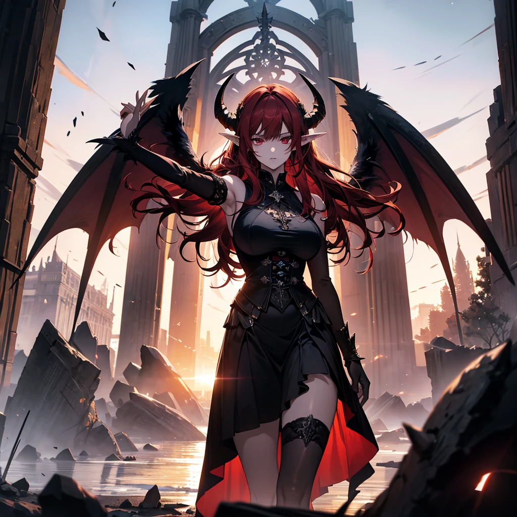 (masterpiece,  high quality, Advanced Details,  anime style) 
Devil Woman, 30th Generation, Horns like goats, Long Red Hair, Red eyes,  white skin,  pointed elf ears , Beautiful curves, Intricate tattoos.  big torn fallen angel wings .  wearing black medieval-style clothes .  standing in a castle that fell apart after the battle,  showing fatigue and wounds .  dramatic pose with arms outstretched . Dark Tones,   dramatic lighting ,  twilight or sunset sky 、Big Breasts、Delicate facial depiction 