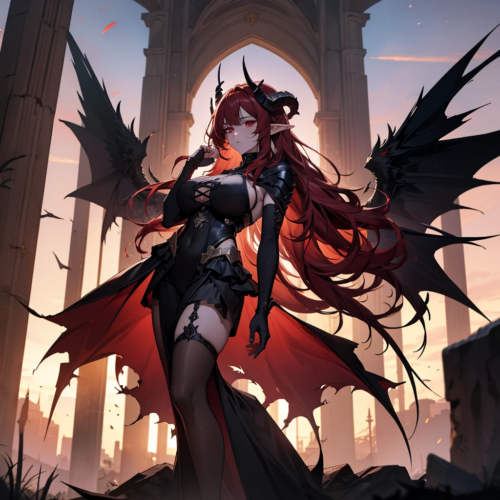 (masterpiece,  high quality, Advanced Details,  anime style) 
Devil Woman, 30th Generation, Horns like goats, Long Red Hair, Red eyes,  white skin,  pointed elf ears , Beautiful curves, Intricate tattoos.  big torn fallen angel wings .  wearing black medieval-style clothes .  standing in a castle that fell apart after the battle,  showing fatigue and wounds .  dramatic pose with arms outstretched . Dark Tones,   dramatic lighting ,  twilight or sunset sky 、Big Breasts、Delicate facial depiction 