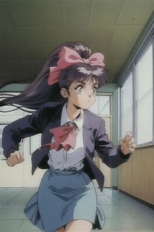 ,  1 girl, Alone,  Hair Ribbon , School uniform, Ascot,  jacket, shirt, skirt, retro artstyle, running, 1990s (style), School, indoor, corridor, window, Floating Hair,  