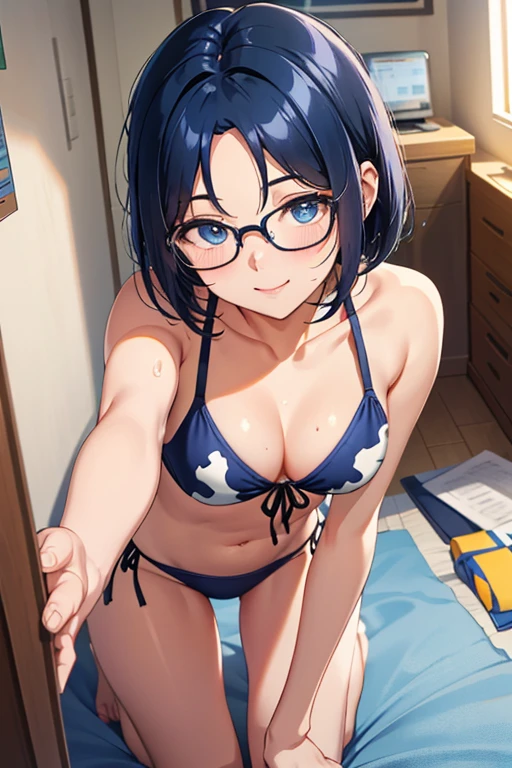 highest quality,wonderful,finely,extremely detailed CG Unity 8K wallpaper, 1 girl, (erect nipples:1.2),(from below),(Light blue striped micro bikini:1.4) black hair, glasses, blue eyes,twin tails,(black stockings),(Thighs),(constriction)