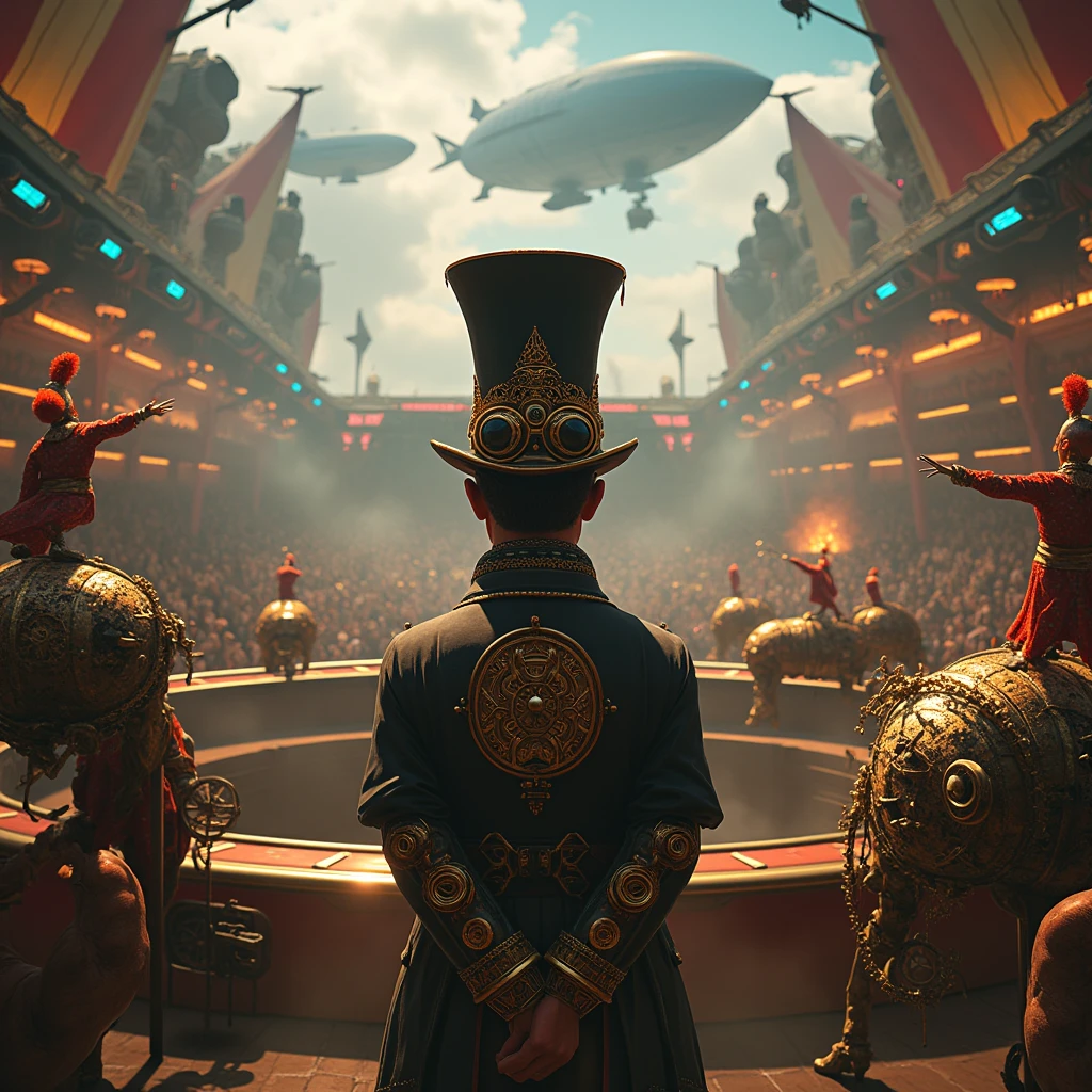 a steampunk-inspired circus, brass and copper mechanical animals performing in the center ring, a ringmaster in a top hat with goggles and intricate gears, acrobats on steam-powered contraptions, clowns in vintage steampunk attire with mechanical accessories, large airships hovering above the tent, detailed clockwork designs, smoky ambiance, glowing orange and blue lights casting shadows, metallic textures everywhere, futuristic yet old-world feel, cinematic depth, (best quality,4k,8k,highres,masterpiece:1.2),ultra-detailed,(realistic,photorealistic,photo-realistic:1.37),HDR,UHD,studio lighting,ultra-fine painting,sharp focus,physically-based rendering,extreme detail description,professional,vivid colors,bokeh,concept art