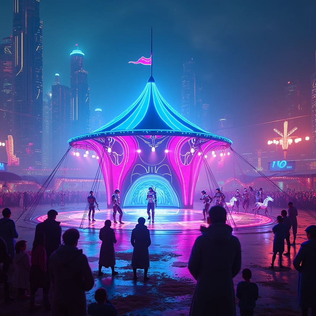 a futuristic cyberpunk-themed circus, glowing neon blue and pink tent in a high-tech cityscape, performers in sleek, metallic outfits with glowing lights, robotic animals performing synchronized tricks, holographic clowns entertaining the crowd, digital trapeze artists soaring through virtual hoops, audience wearing augmented reality glasses, cold metallic textures, glowing lights casting sharp shadows, inspired by cyberpunk aesthetics, (best quality,4k,8k,highres,masterpiece:1.2),ultra-detailed,(realistic,photorealistic,photo-realistic:1.37),HDR,UHD,studio lighting,ultra-fine painting,sharp focus,physically-based rendering,extreme detail description,professional,vivid colors,bokeh,concept art