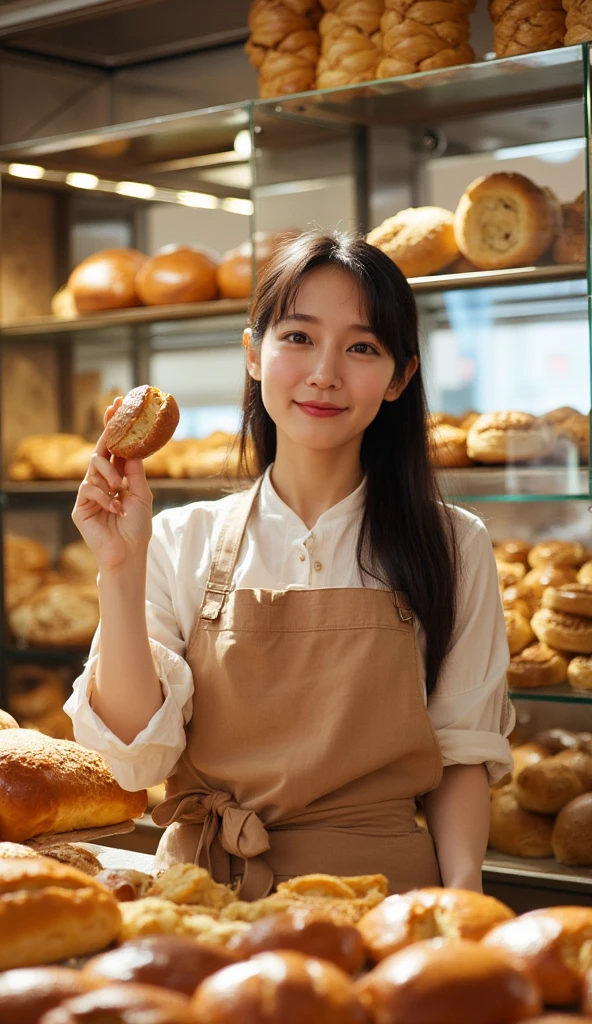 A bright, fine-art style photograph of a young East-Asian woman working in a bakery. She is dressed in a light brown apron tied neatly at the back, over a simple white blouse with rolled-up sleeves, giving her a refined yet approachable appearance. Her long, dark hair falls naturally over her shoulders as she engages in her task with a warm and inviting expression. Her soft, porcelain-like skin is illuminated by the gentle natural light streaming through the bakery, adding to the overall warmth and charm of the scene.

The bakery is filled with an assortment of freshly baked goods, all meticulously arranged behind the woman in neat rows on glass shelves. The rich browns and golden hues of the various breads and pastries create a beautiful contrast against the modern, clean glass and metal display cases. The different shapes and sizes of the breads are visually appealing, ranging from small, round buns to larger loaves, each one expertly crafted. The woman holds up a golden-brown pastry in one hand, as if presenting it to the viewer, her smile calm and welcoming. Her other hand rests delicately on a tray of bread, adjusting the display with care and precision.

The lighting in the bakery is soft and warm, creating a cozy atmosphere that draws attention to the fine details of the bread and her gentle, composed demeanor. The sunlight filtering through the bakery windows enhances the shine of the glazed pastries and the soft texture of the bread, while also highlighting the woman’s focused expression. The reflection of the bread in the glass cases adds depth to the image, making the scene feel immersive and lively, as though the viewer is standing inside the bakery, witnessing the calm bustle of a morning’s preparation.

The overall composition of the photograph is balanced and harmonious, with the woman positioned centrally, surrounded by the neatly arranged baked goods. The bakery itself has a modern, clean design, with metal shelving and glass displays, yet the warmt