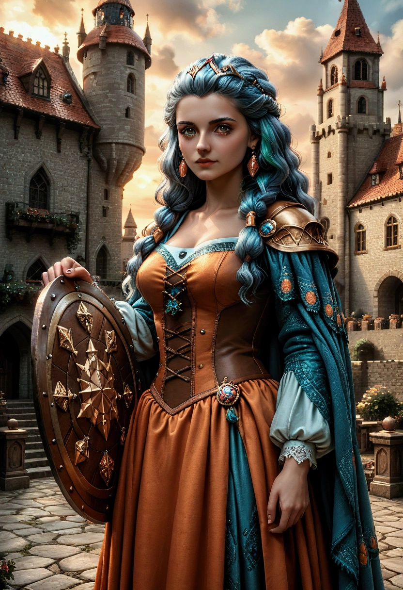 pixelism, (pixel style), 8 bits, Lady Raya from the game Defender of the Crown, standing proudly in a medieval castle courtyard, with stone walls, banners, and knights in the background. The scene is pixelated in classic 8-bit style, capturing the retro aesthetics of old-school video games. Lady Raya wears her iconic medieval gown, detailed in vibrant pixel colors, holding a sword and shield. The sky is bright blue with pixelated clouds, and the overall scene has the charm of a 1980s pixel art game, reminiscent of the original Defender of the Crown environments