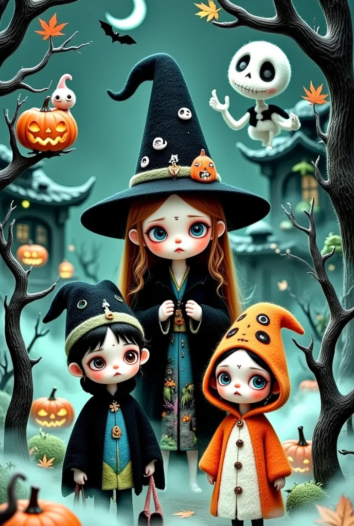 A picture of Arafad with two kids in Halloween costumes standing in front of the house, Halloween art style, Japanese Gothic, Weird art style,  Eccentric and Serious Art Style , Mei Qing, author：Mab Graves,  pop surrealism , 🍁 Lovely, author：Yi Yinwen, Trick or Treat,  Gothic Art Style , Halloween scene, author：Ni Duan