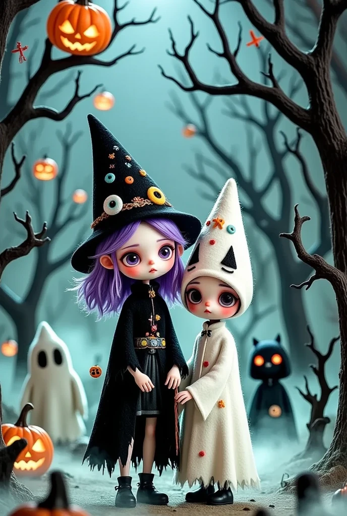 有一张女孩和两个鬼魂of卡通图片, Halloween art style, Halloween scene, samhain figure , Trick or Treat, Halloween style, author：Mab Graves, Witch Girl, author： Android Jones , 在一座阴森of森林里, Beeple 和 Jeremiah Ketner, Halloween theme, omg, of. 鲜艳of色彩. 可爱of, Scary yet charming 