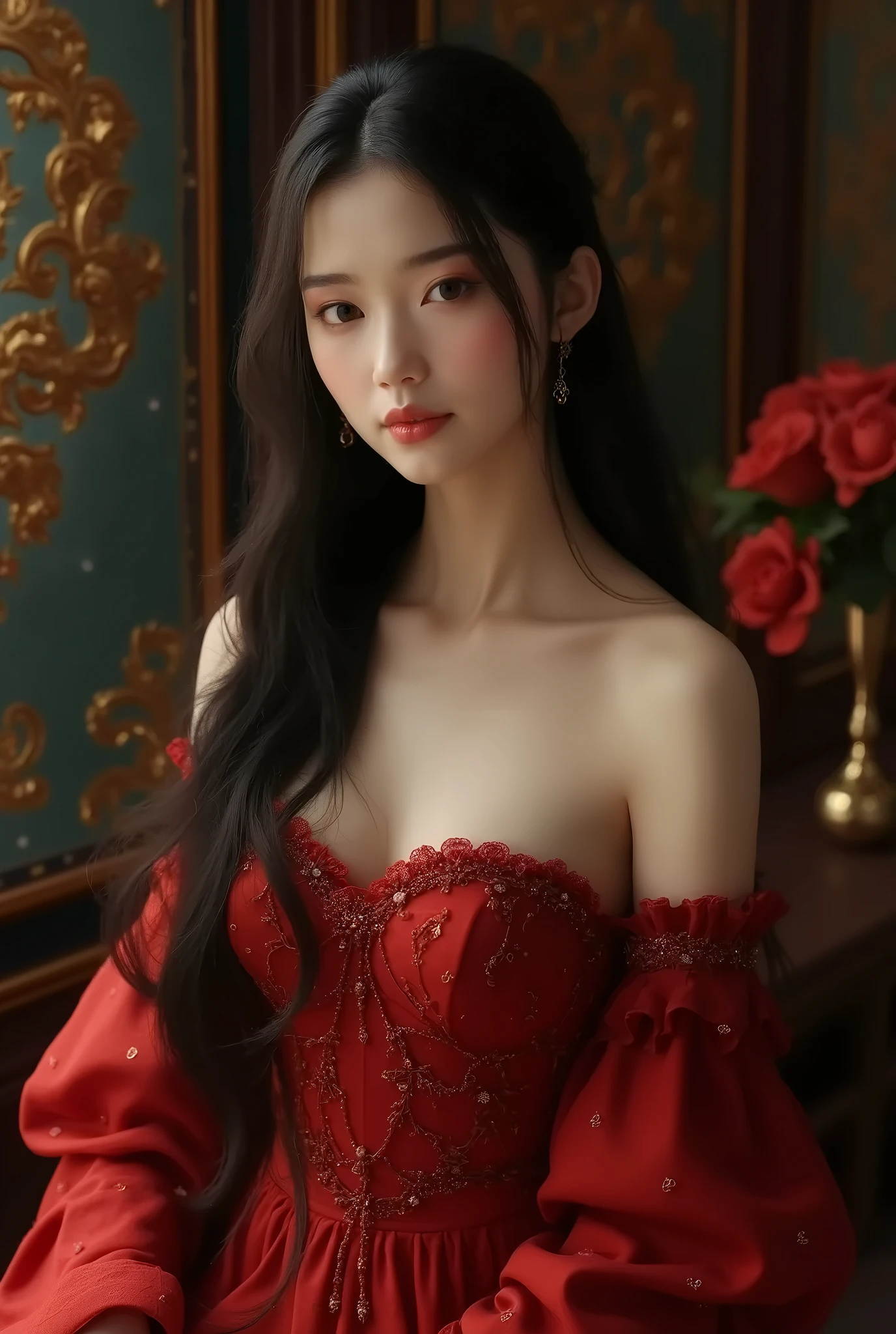 1girl,upper body,fashi-girl,china dress,chinese clothes,hair flower,(masterpiece:1.4),(best quality:1.4),(shiny skin),red lips,looking at viewer,large breasts,parted lips