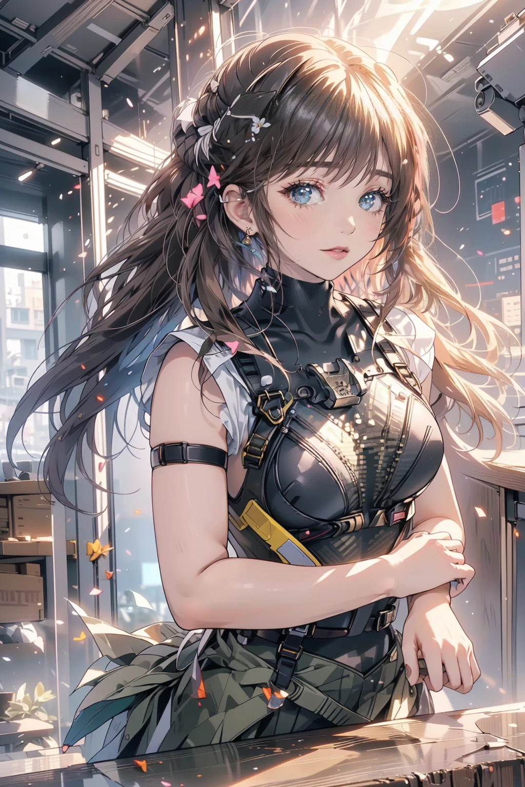 cyborg,slim, elegant,robotic parts, vibrant details, luxurious cyberpunk, lace, hyperrealistic, anatomical, facial muscles, cable electric wires, microchip, beautiful background,an extremely delicate and beautiful, Amazing,official art,
masterpiece, best quality, illustration, finely detail,extremely detailed cg unity 8k wallpaper, highres,beautiful detailed face and eyes and hair:1.1,amazing, (mecha),(Luminescent particle:1.5),
high saturation,low brightness,portrait,
Industrial wind, Chinese architecture,Smoggy,
drill_hair,hairclip,bracelet,ribbon,halo,earring,
(16yo),extremely detailed_eyes,sexy,Moist lips,
looking at viewer,solo,focus legs,dynamic pose,
student, suits, white shirt,pleated skirt, (White stockings)